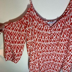 Red and white off the shoulder blouse